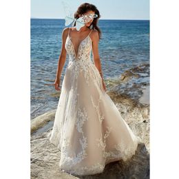 Backless V Neck Side Split Wedding Dresses Backless A-Line Lace Appliqued Boho Party Gowns Vestidos De Novia