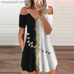 Basic Casual Dresses Butterflies 3D Print Elegant Fashion Dress Women's Clothing 2023 Summer Zipper V-Neck Off Shoulder Casual Mini Dresses Oversized T231026