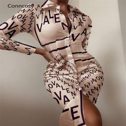Casual Dresses Sexy Female Lapel Silk Satin Dress 2021 Autumn Long-sleeved Tight-fitting Printing Party215P