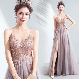 Ethnic Clothing Bride Elegant Exquisite Sequins Beading Long Tulle Prom Party Gown Dress Luxury Sexy Spaghetti Strap High Split Ball