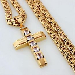 Mens Stainless Steel Gold Cross Zircon Pendant Necklace Flat Chain Tone 6mm 22inch256S