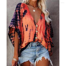 Women's Blouses Fashion Bat Sleeve Print Chiffon Shirt Ladies Half Loose Top Sexy Women T-Shirt Casual Pullover Button 2023