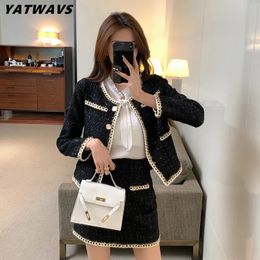 Two Piece Dress Women Tweed 2 Piece Set Fashion Vintage Single Breasted Loose Woolen Jacket Coat Mini Skirt Suits Fall Winter Ladies Office Sets 231026