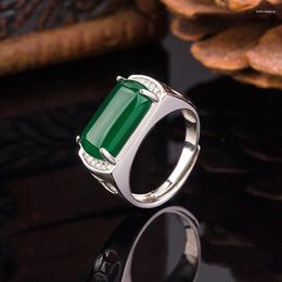 Cluster Rings Natural Green Chalcedony Hand-carved Square Ring Fashion Boutique Jewelry Men And Women Agate Gift