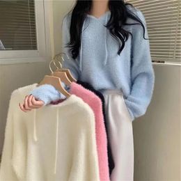 Women's Sweaters Soft Mink Cashmere Hooded Sweater Womens Autumn Solid Colour Short Korean Loose Long Sleeved Pullover Women Casual Tops T302