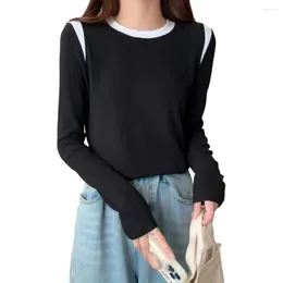 Women's Blouses Long Sleeve Top Round Neck Stylish Colorblock Pullover Soft Breathable Mid Length For Autumn/winter Casual
