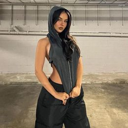 Women's Tanks BKLD Simple Sexy Female Hooded Vest Nightclub Streetwear Zipper Patchwork Backless Off-shoulder Strappy Loose Hole Chic Tops