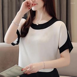 Women's Blouses Summer Women Short Sleeve Chiffon Blouse Fashion Patchwork Batwing Round Neck Shirt Woman Korean Style Loose Pullover Top