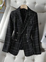 Women's Suits Blazers Black White Plaid Ladies Casual Blazer Women Autumn Winter Long Sleeve Double Breasted Coat Jacket 231023