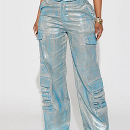 Women s Jeans BKQU American Straight Pockets High Waist Women Cargo Pants 2023 Fashion Silver Shiny Print Loose Wide Leg Denim Trousers 231025