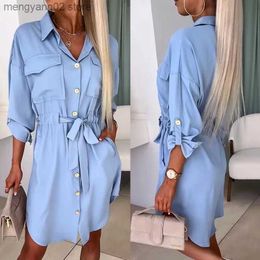 Basic Casual Dresses Solid New Fashion Tie-up Women A-Line Beach Dress Sexy V-Neck Female Party Dress Casual Adjusted Sleeve Loose Button Shirt Dress T231026