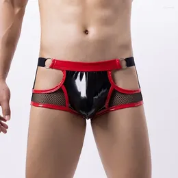 Underpants Mesh Patent Leather Underwear Men Sexy Bulge Pouch Gay Jockstrap Boxer Briefs Hollow Bondage Panties Erotic Lingerie