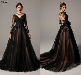 Frauen Punk Gothic Schwarze Brautkleider Sexy V-Ausschnitt Pailletten Perlen A-Linie Brautkleider Vintage Spitze Appliziert Boho Country Vestidos De Novia mit langen Ärmeln CL2823