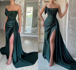 Sexy Dark Green Mermaid Prom Dresses Long for Women Strapless Backless Draped High Side Split Sweep Train Formal Occasion Evening Birthday Party Pageant Gowns