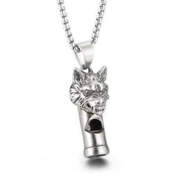 Gothic Wolf Head Whistle Necklace Pendant Casting Stainless Steel Rolo Chain Jewelry For Mens Boys Cool Gifts Silver Polished Blin248U