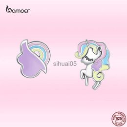 Stud Bamoer New Dreamy Unicorn Ear Studs for Young Girl Genuine 925 Sterling Silver Morandi Colour Animal Earrings Fine Party Jewellery YQ231026