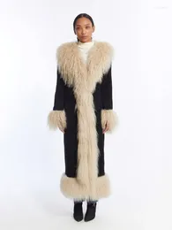 Women's Fur RR2813 Faux Mongolian Trim Coats Women Fully Cotton Lined Suede Maxi Winter Jackets Warm X-Long Hook Closure