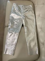 Pantaloni da donna Y2k stile Cargo in vera pelle da donna a vita alta 2023 moda coreana Streetwear pantaloni argento Shinny
