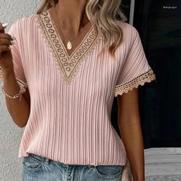 Women's Blouses Vintage Short Sleeve Lace Blouse Summer Pink Shirt Women V Neck Clothing Blusas Casual Loose Shirts Fashion Pleated Tops