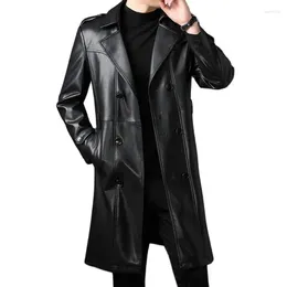 Men's Trench Coats Mens PU Leather Coat Autumn Casual Punk Long Jacket With Belt 2023 Double Breasted Slim Fit Faux Windbreaker