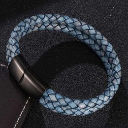 Double Layer Retro Blue Braided Leather Bracelet Men Jewelry Fashion Stainless Steel Magnetic Clasp Bangles Male Wrist Band Gift249e