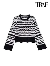 Women's Sweaters Women Fashion Striped Chenille Cropped Knit Sweater Vintage O Neck Long Sleeve Female Pullovers Chic Tops