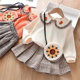 Clothing Sets 2023 Autumn Plaid Baby Girls Pleats Dress 3 Pieces Cotton Top Fashion Cute Princess Design Children Clothes Suits