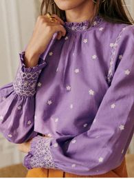 Women's Blouses Women Elegant Stand Collar Purple Floral Embroidery Shirt French 2023 Ladies Long Puff Sleeve Pullover Blouse Tops