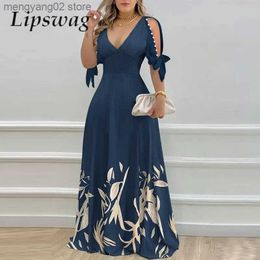 Basic Casual Dresses Elegant Women Tie Bow Half Sleeve Long Dress Retro Fashion Blue Leaf Print Office Lady Long Dress Sexy V Neck Hollow Party Dress T231026