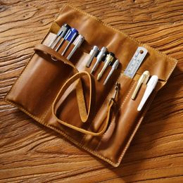 Pencil Bags Handmade Genuine Leather Case Zipper Nature Cowhide Pen Protection Bag Holder Pouch School Supplies Office Stationery 231025