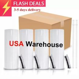 US CA Warehouse 50pcs/Carton 20oz Sublimation Tumblers Straight Blanks White 304 Stainless Steel Vacuum Insulated Slim DIY Cup Car Coffee Mugs Party Gifts B1026