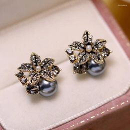 Stud Earrings Luxury Gray Pearl Pendant Women Geometric Flower Accessories Zircon Inlaid French Year For Girls