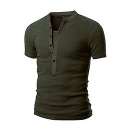 Men'S Shirt V Neck Button Muscle Casual Slim Fit Short Sleeve Solid T-Shirt Army Green Black Tops Tshirts230H