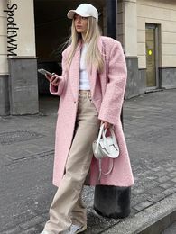 Women's Wool Blends Chic Pink Lapel Woollen Overcoats For Women Elegant Solid Long Sleeve Maxi Coats Autumn Winter Female Warm Outerwear Jackets 231025