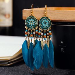 Charm Boho Long Feather Dangle Women's Earrings Beach Long Tassel Beads Handmade Flower Enamel Earrings Bride Wedding Pendientes Mujer 231025