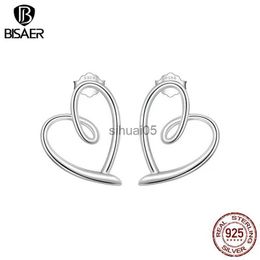 Stud BISAER 925 Sterling Silver Simple Heart Earrings Plated Platinum Ear Clip For OL Woman Wedding Fine Jewellery EFE871 YQ231026
