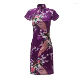 Ethnic Clothing Purple Chinese Lady Sexy Cheongsam Peacock Mini Qipao Traditioanl Casual Dress For Women Mandarin Collar