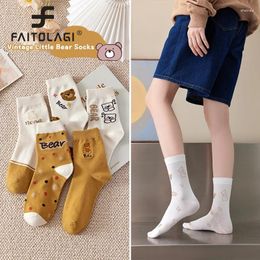 Women Socks 5Pairs Autumn Cotton Long Cartoon Bear Middle Tube Harajuku Girl Stockings Funny Sokken Sox Calcetines Mujer