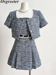 Work Dresses Spring Fall Tweed 3 Piece Set Women Outfits Elegant Strapless Tube Top Short Jacket Tops Mini Skirt Suits