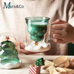 Mugs Double Layer Glass Cup Transparent Coffee Mug Xmas Tree Snowflake Shape Milk Cute For Childrens Christmas Gift Drinkware 231026