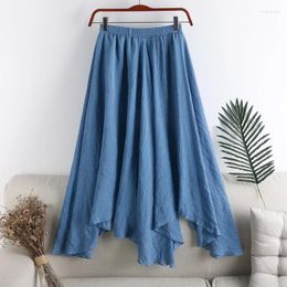 Skirts Linen Skirt Women's Spring Summer Women Midi Solid Colour Wild Irregular Pleated Blue Black Big Swing Fishtail
