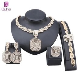 Luxury Gold Color Crystal Rectangle Jewelry Sets For Women Necklace Earrings Ring Bracelet Christmas Birthday Gift