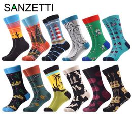 SANZETTI 12 Pairs Lot New Style Multi Colourful Winter Fashion Men Combed Cotton Socks Long Funny Male Dress Casual Design Socks169n