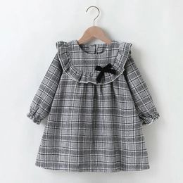 Girl Dresses Autumn Winter 2023 Arrivals Girls Cute Long Sleeve Grey Plaid Black Bow Sweet Baby Dress Vestidos 18M-6T