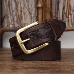 Belts 3.8 Cm Pure Cowhide Genuine Leather for Men High Quality Brass Buckle Cowboy Waistband Male Carved Western Jeans Strap YQ231026