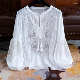Women's Blouses Blusas Mujer De Moda Summer Elegant Clothing Embroidery Lantern Sleeve Shirts Loose Lace White Tops Femme N168