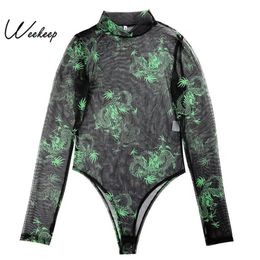 Weekeep Sexy Mesh Perspective Long Sleeve Bodysuit Women Summer Bodycon Dragon Print Streetwear Bodysuits Women 2019 Rompers T2001272S