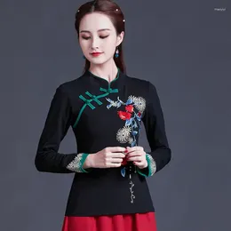 Ethnic Clothing Cheongsam Womens Plus Size Tops 2023 Autumn Cotton Blend Splicing Stand Collar Embroidery Chinese Style Qipao Retro Shirts