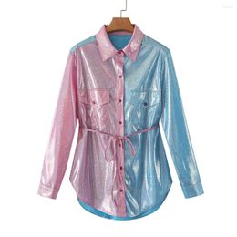 Women's Blouses Chic Contrast Color Gilding Pink Blue Shirts Belted Medium Length OL Glossy Lace Up Shiny Cardigan Single Breasted Tops