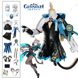 Lynette Cosplay Genshin Impact Costume Wig Fontaine Lyney Leather Uniform Dress Long Hair Ears Skirt Glove Outfit Tail Magician